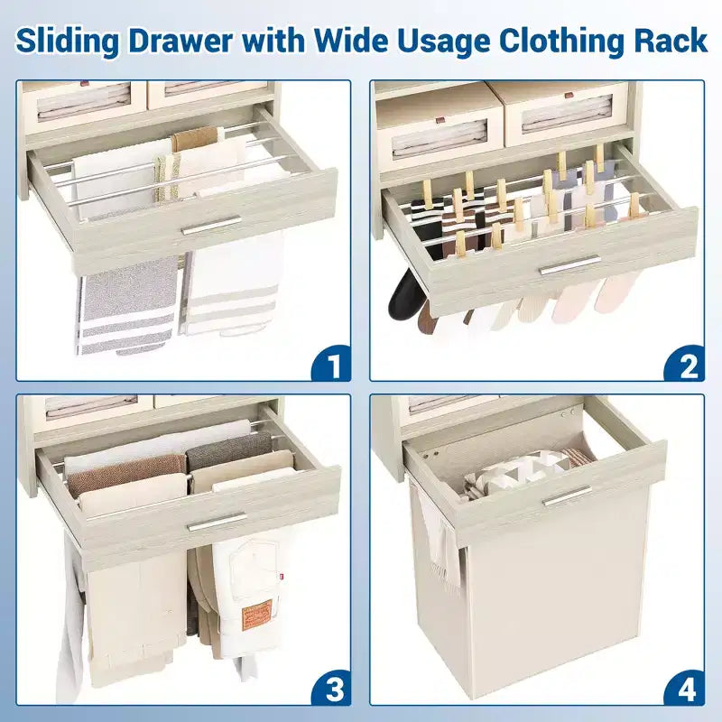 Organizzatore per Armadio a Muro Color Rovere Beige / Nero / Naturale / Bianco con Asta Appendiabiti, Ripiani e Cassetto Scorrevole