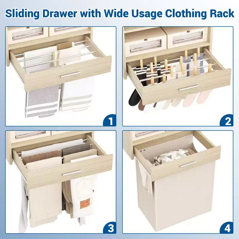 Organizzatore per Armadio a Muro Color Rovere Beige / Nero / Naturale / Bianco con Asta Appendiabiti, Ripiani e Cassetto Scorrevole