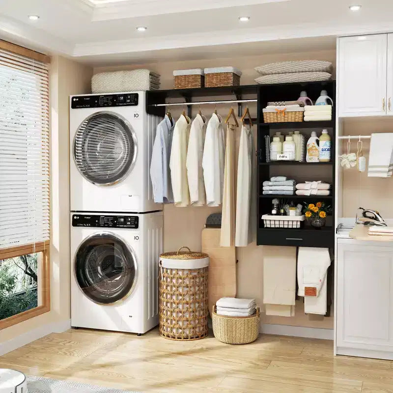 Organizzatore per Armadio a Muro Color Rovere Beige / Nero / Naturale / Bianco con Asta Appendiabiti, Ripiani e Cassetto Scorrevole