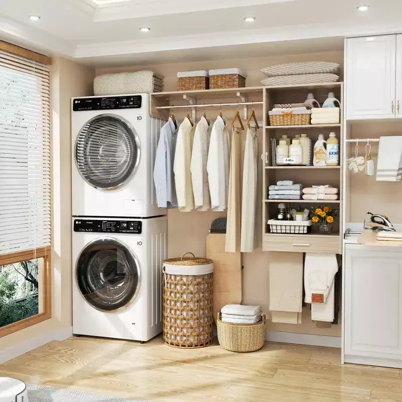 Organizzatore per Armadio a Muro Color Rovere Beige / Nero / Naturale / Bianco con Asta Appendiabiti, Ripiani e Cassetto Scorrevole
