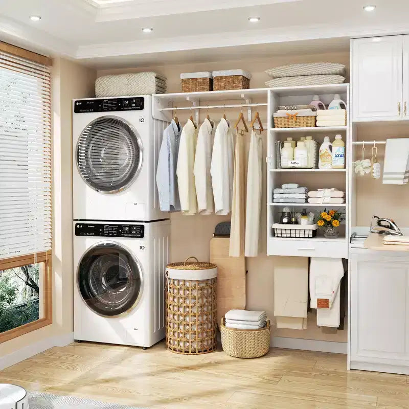 Organizzatore per Armadio a Muro Color Rovere Beige / Nero / Naturale / Bianco con Asta Appendiabiti, Ripiani e Cassetto Scorrevole