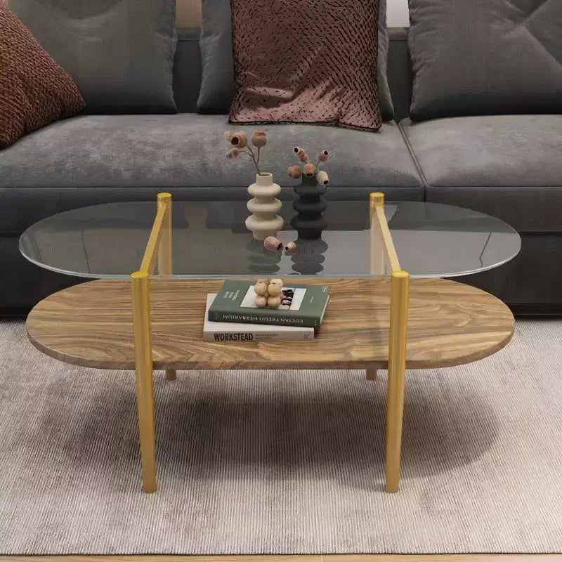 MAYEERTY Oval Glass Coffee Table, 2 Tier Structure Clear Glass Top and Walnut Finish Wood Shelf Conical Legs with Gold Finish Frame