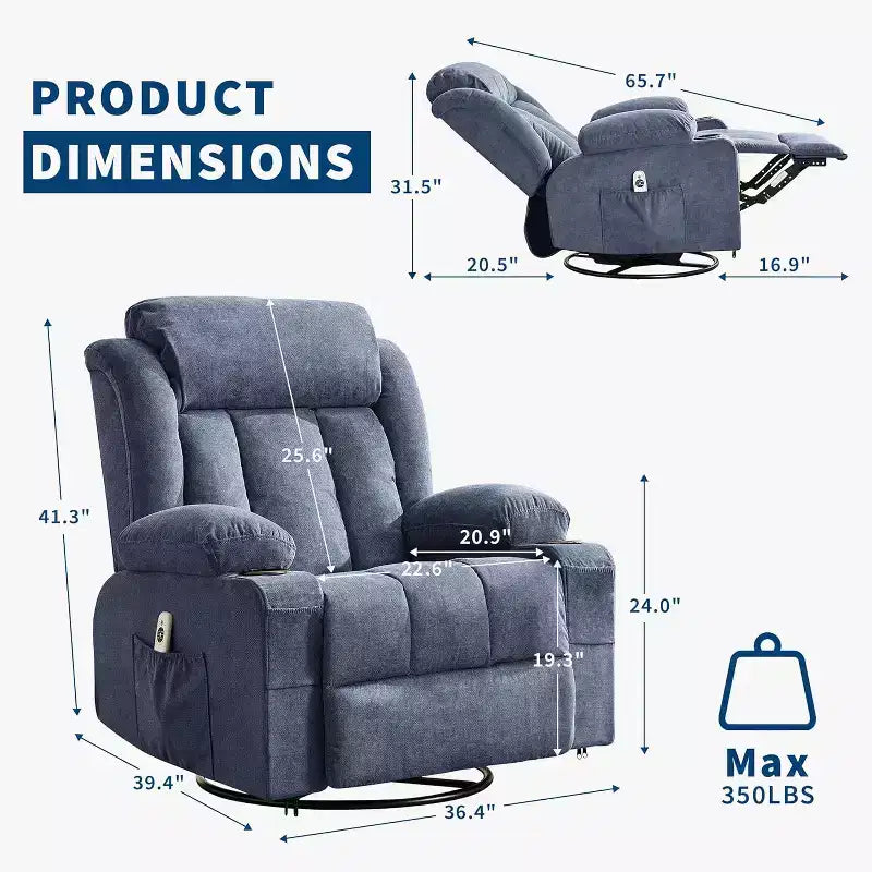 Poltrona reclinabile girevole oversize blu/marrone con calore e massaggio – 1 posto, 3 posizioni