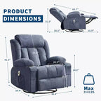 Poltrona reclinabile girevole oversize blu/marrone con calore e massaggio – 1 posto, 3 posizioni