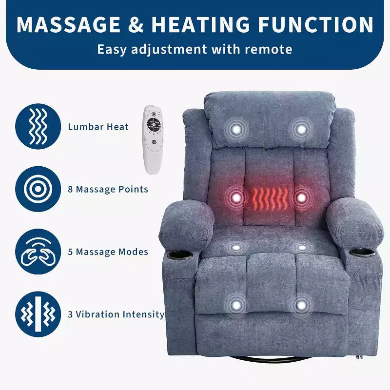 Poltrona reclinabile girevole oversize blu/marrone con calore e massaggio – 1 posto, 3 posizioni