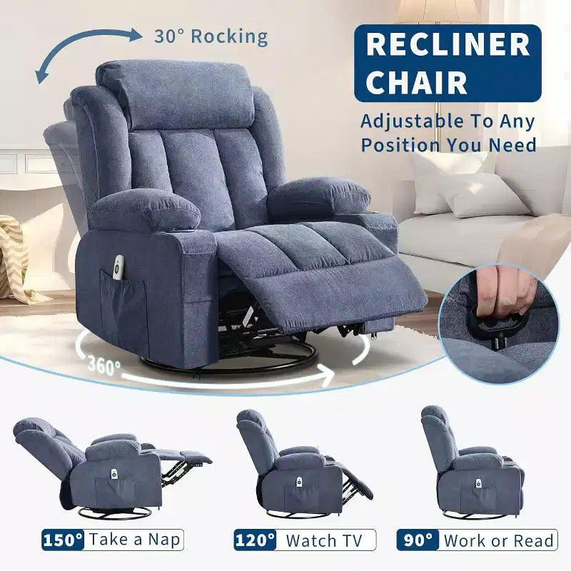 Poltrona reclinabile girevole oversize blu/marrone con calore e massaggio – 1 posto, 3 posizioni
