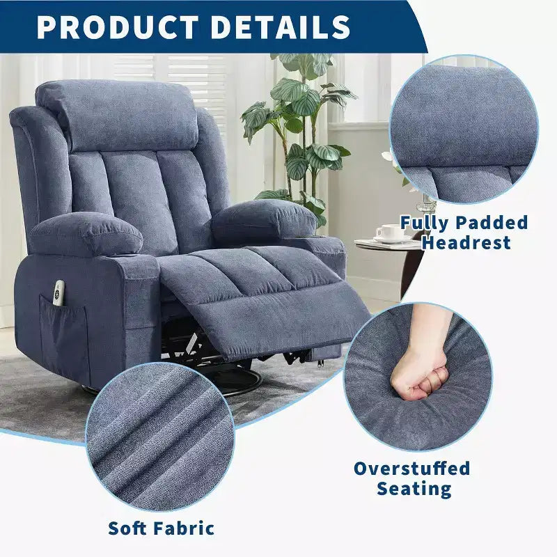 Poltrona reclinabile girevole oversize blu/marrone con calore e massaggio – 1 posto, 3 posizioni