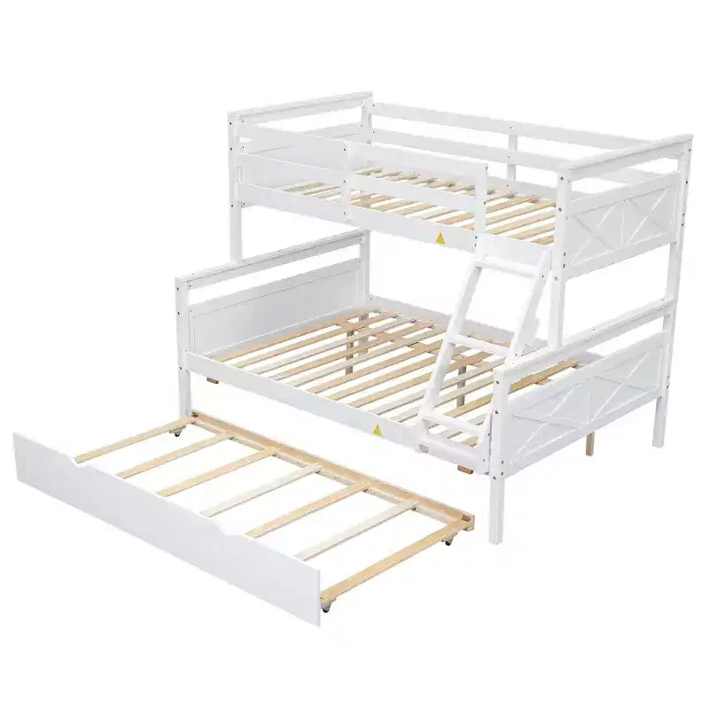 Letto a castello singolo/matrimoniale grigio/bianco con letto estraibile, 3 posti letto, legno di pino