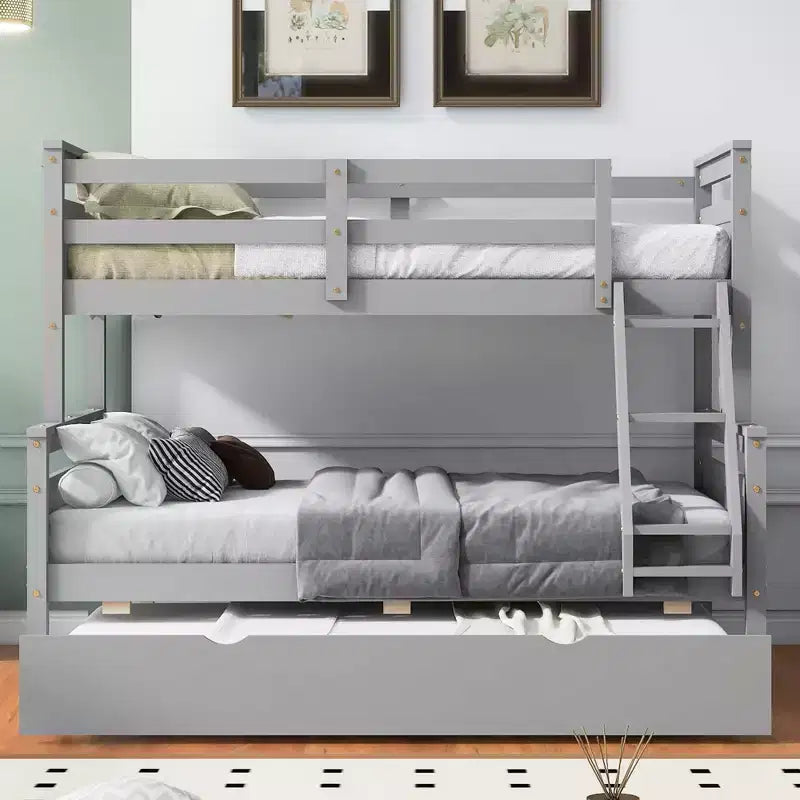 Letto a castello singolo/matrimoniale grigio/bianco con letto estraibile, 3 posti letto, legno di pino