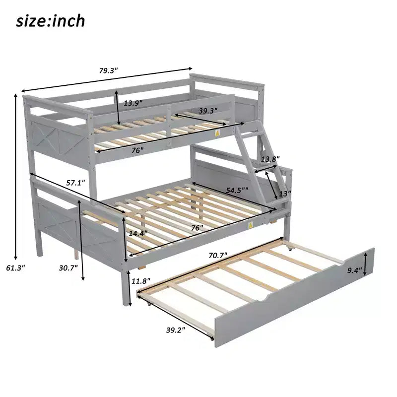 Letto a castello singolo/matrimoniale grigio/bianco con letto estraibile, 3 posti letto, legno di pino