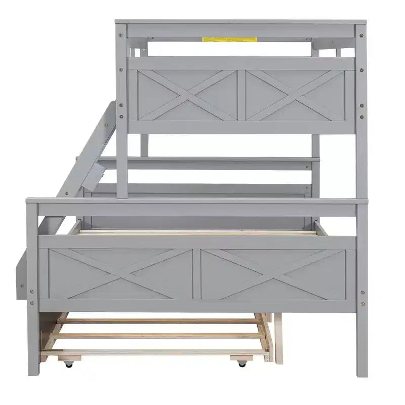 Letto a castello singolo/matrimoniale grigio/bianco con letto estraibile, 3 posti letto, legno di pino