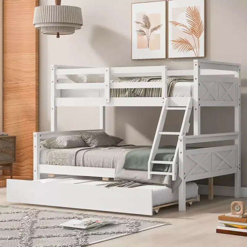 Letto a castello singolo/matrimoniale grigio/bianco con letto estraibile, 3 posti letto, legno di pino
