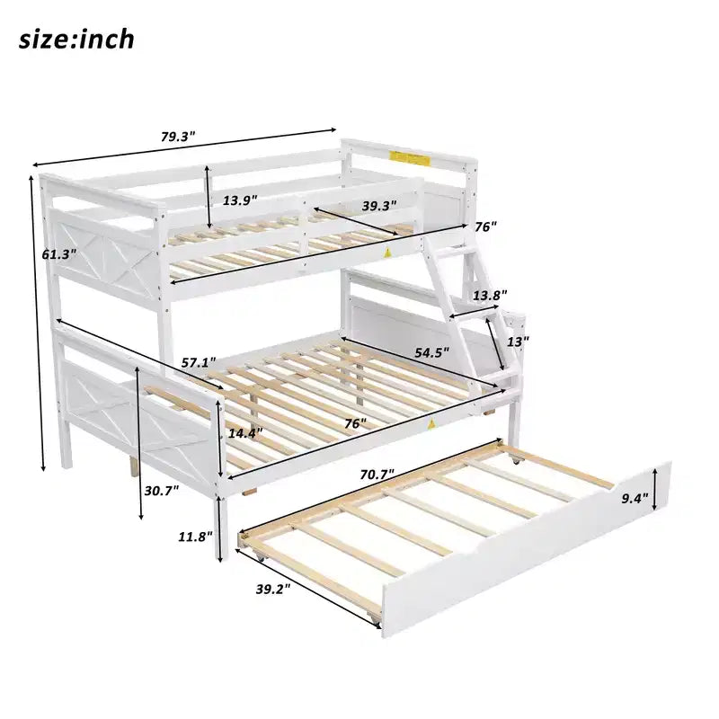 Letto a castello singolo/matrimoniale grigio/bianco con letto estraibile, 3 posti letto, legno di pino