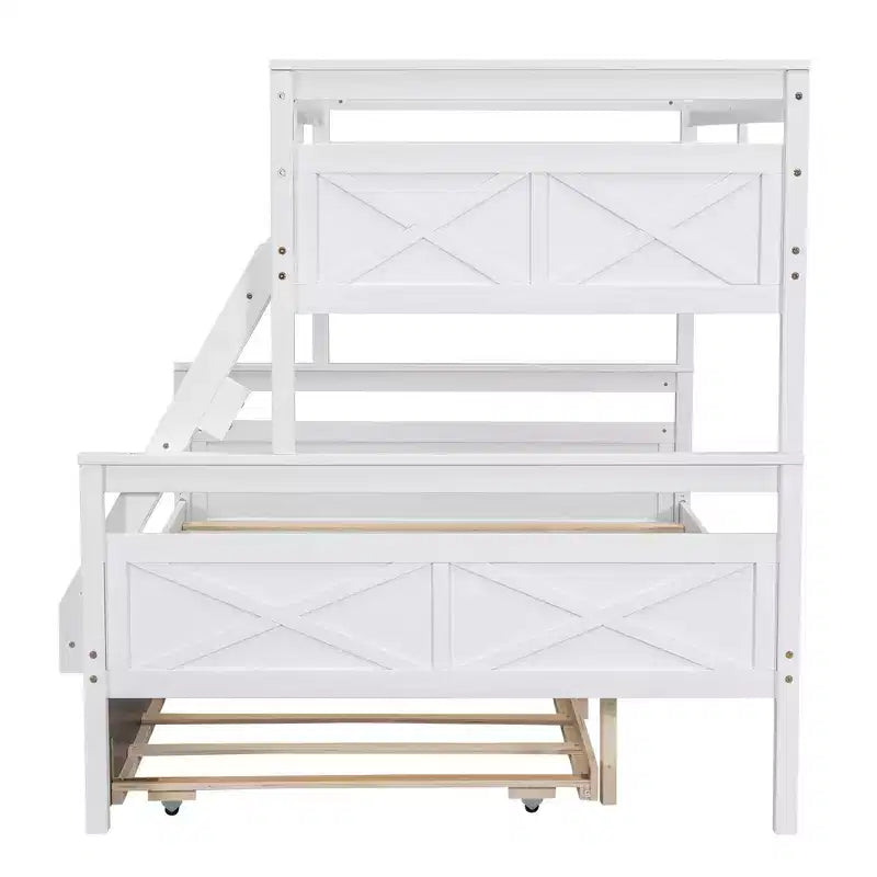 Letto a castello singolo/matrimoniale grigio/bianco con letto estraibile, 3 posti letto, legno di pino