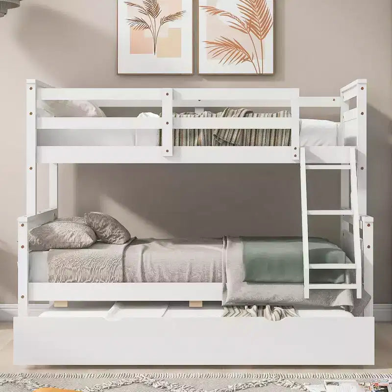 Letto a castello singolo/matrimoniale grigio/bianco con letto estraibile, 3 posti letto, legno di pino