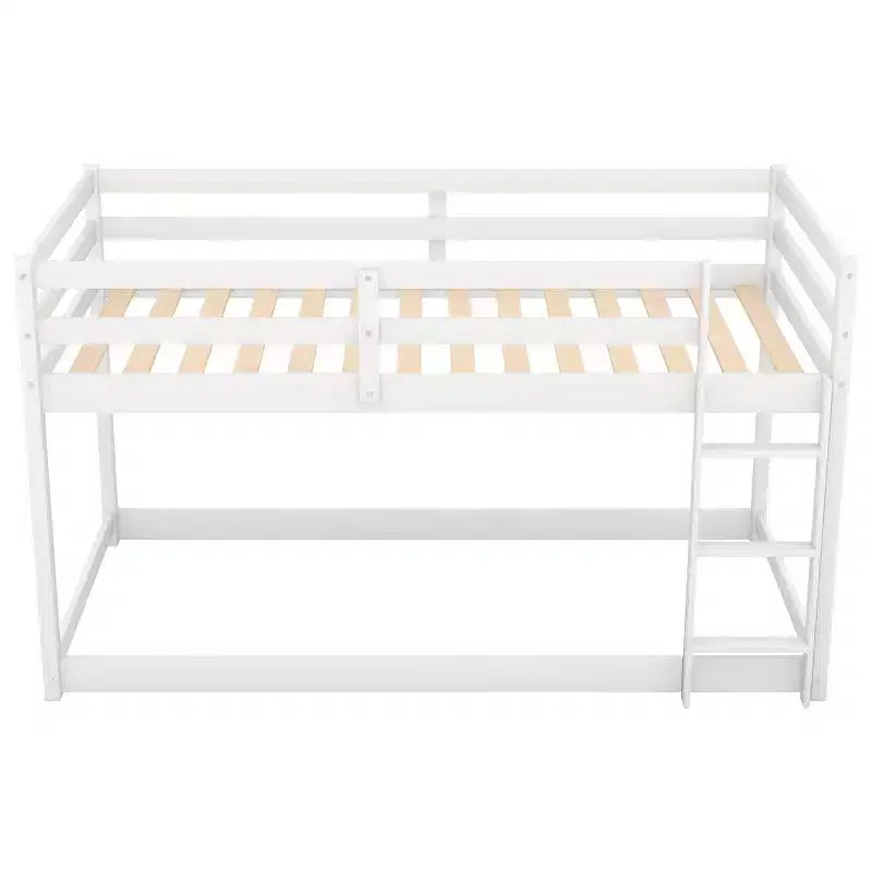 Letto a Castello a Pavimento per Bambini (2 Posti Letto Singoli) Grigio/Bianco con Scaletta e Sponda, Adatto a 2 Bambini