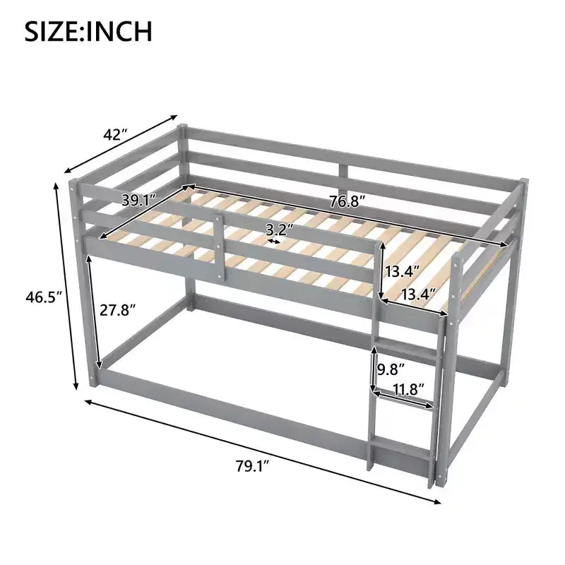 Letto a Castello a Pavimento per Bambini (2 Posti Letto Singoli) Grigio/Bianco con Scaletta e Sponda, Adatto a 2 Bambini