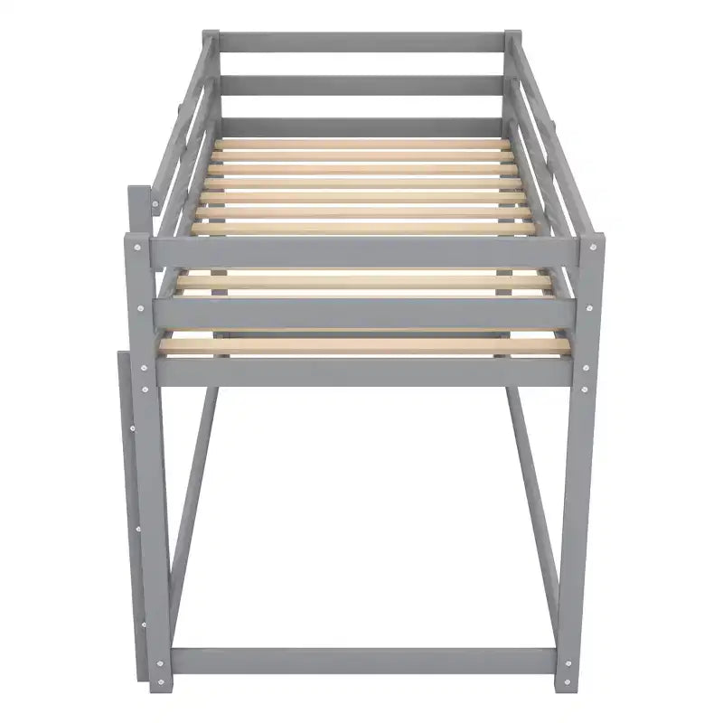 Letto a Castello a Pavimento per Bambini (2 Posti Letto Singoli) Grigio/Bianco con Scaletta e Sponda, Adatto a 2 Bambini