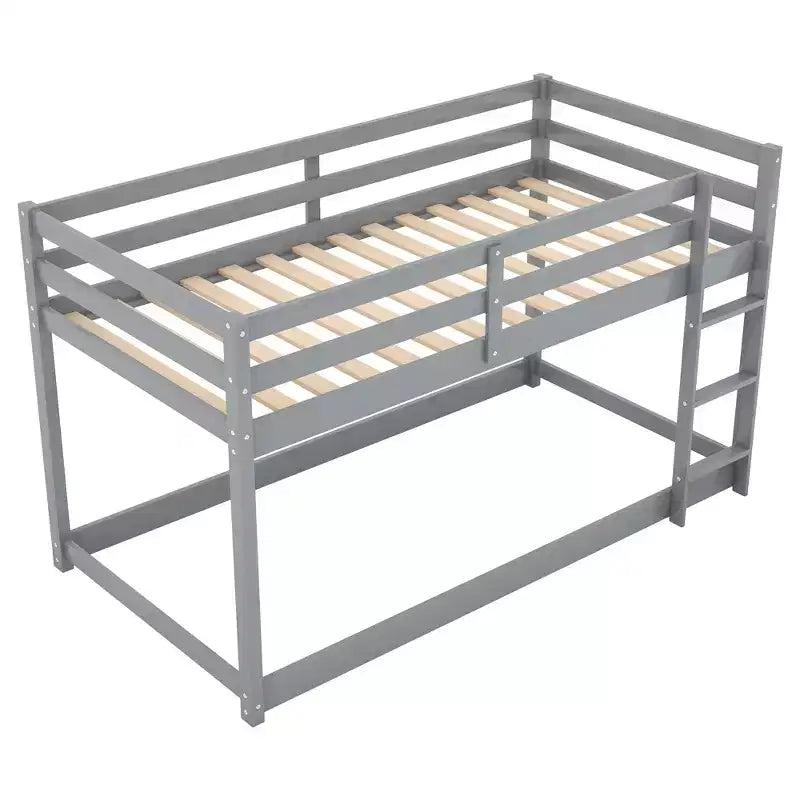 Letto a Castello a Pavimento per Bambini (2 Posti Letto Singoli) Grigio/Bianco con Scaletta e Sponda, Adatto a 2 Bambini
