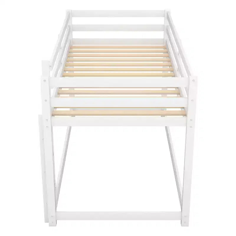 Letto a Castello a Pavimento per Bambini (2 Posti Letto Singoli) Grigio/Bianco con Scaletta e Sponda, Adatto a 2 Bambini