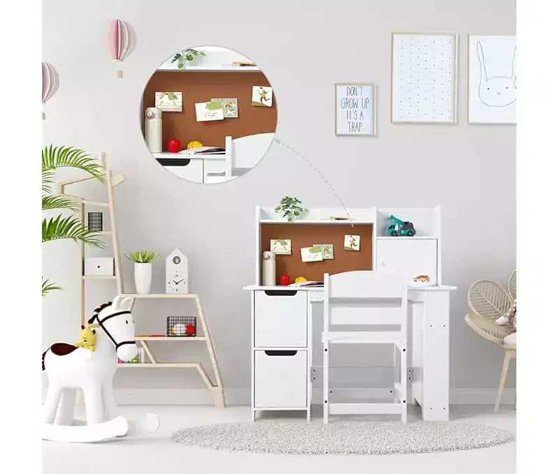 Set scrivania e sedia bianche per bambini con libreria, contenitori e bacheca in sughero – Per 1 bambino (età 10+)
