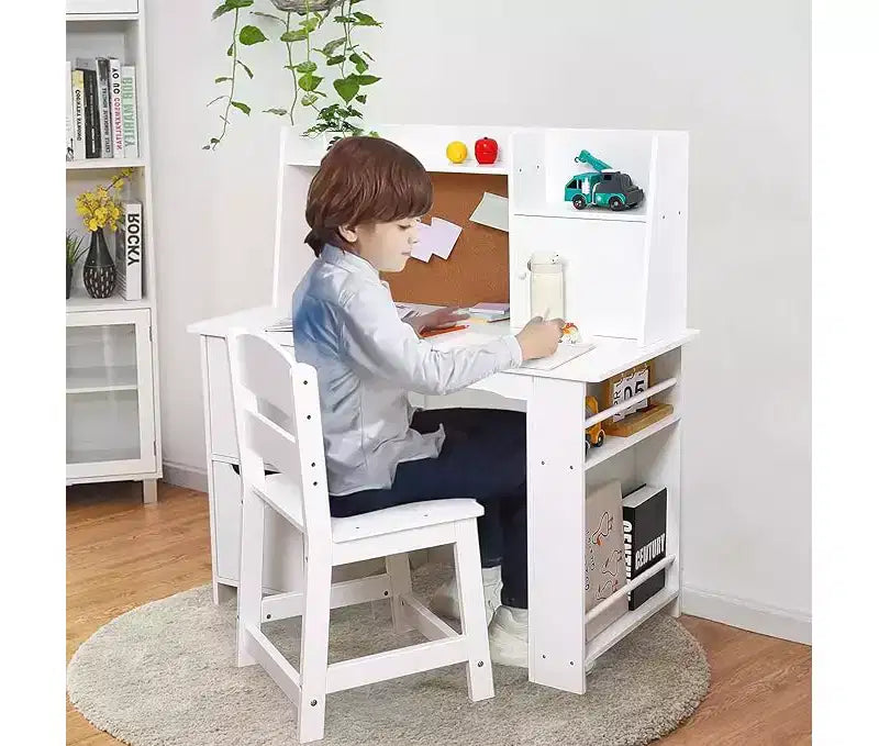 Set scrivania e sedia bianche per bambini con libreria, contenitori e bacheca in sughero – Per 1 bambino (età 10+)