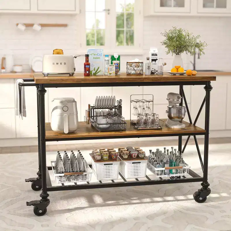 Carrello da cucina a 3 livelli con ruote – Nero / Marrone / Rovere Grigio | Ruote con blocco