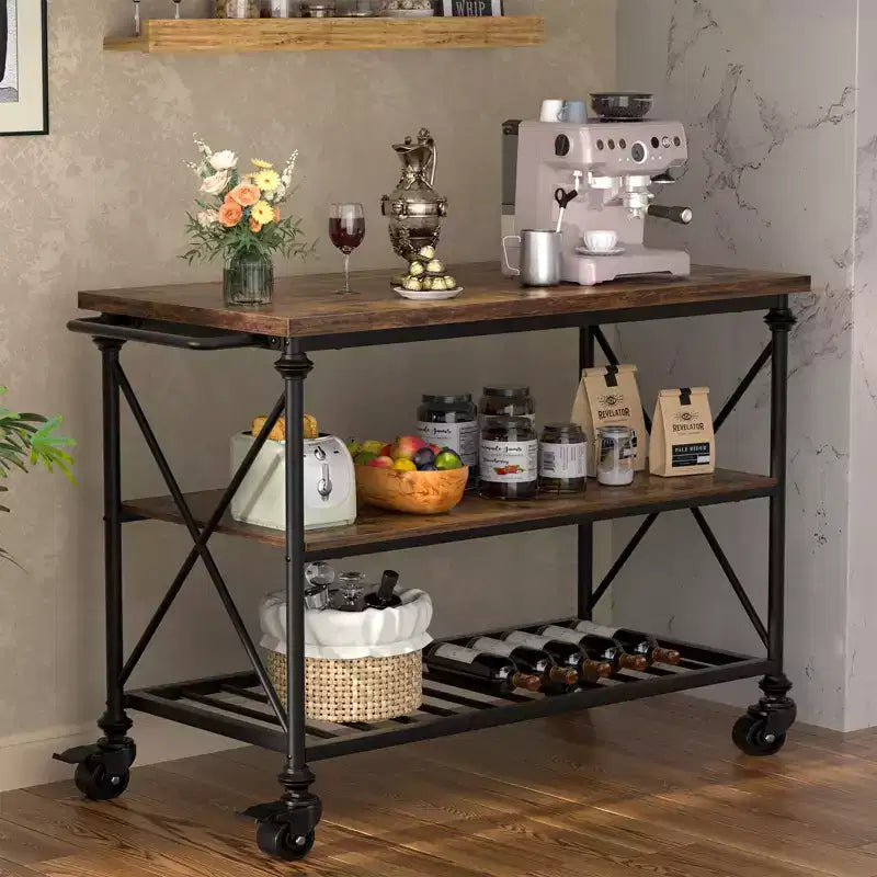 Carrello da cucina a 3 livelli con ruote – Nero / Marrone / Rovere Grigio | Ruote con blocco