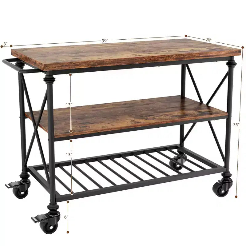 Carrello da cucina a 3 livelli con ruote – Nero / Marrone / Rovere Grigio | Ruote con blocco