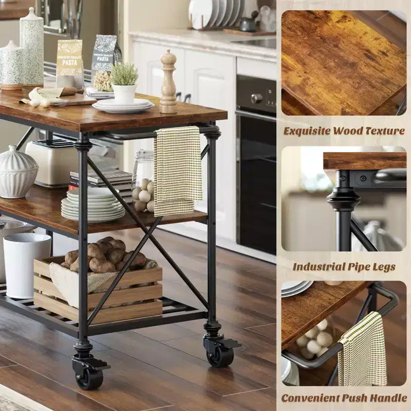 Carrello da cucina a 3 livelli con ruote – Nero / Marrone / Rovere Grigio | Ruote con blocco