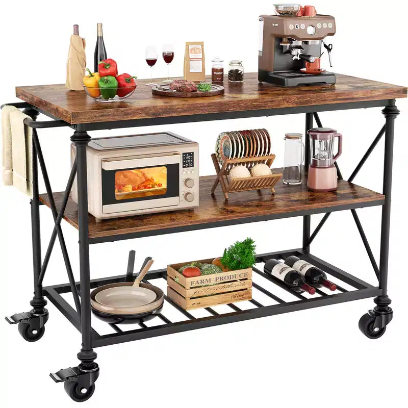 Carrello da cucina a 3 livelli con ruote – Nero / Marrone / Rovere Grigio | Ruote con blocco