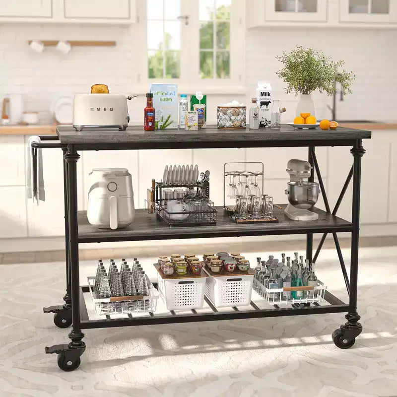 Carrello da cucina a 3 livelli con ruote – Nero / Marrone / Rovere Grigio | Ruote con blocco
