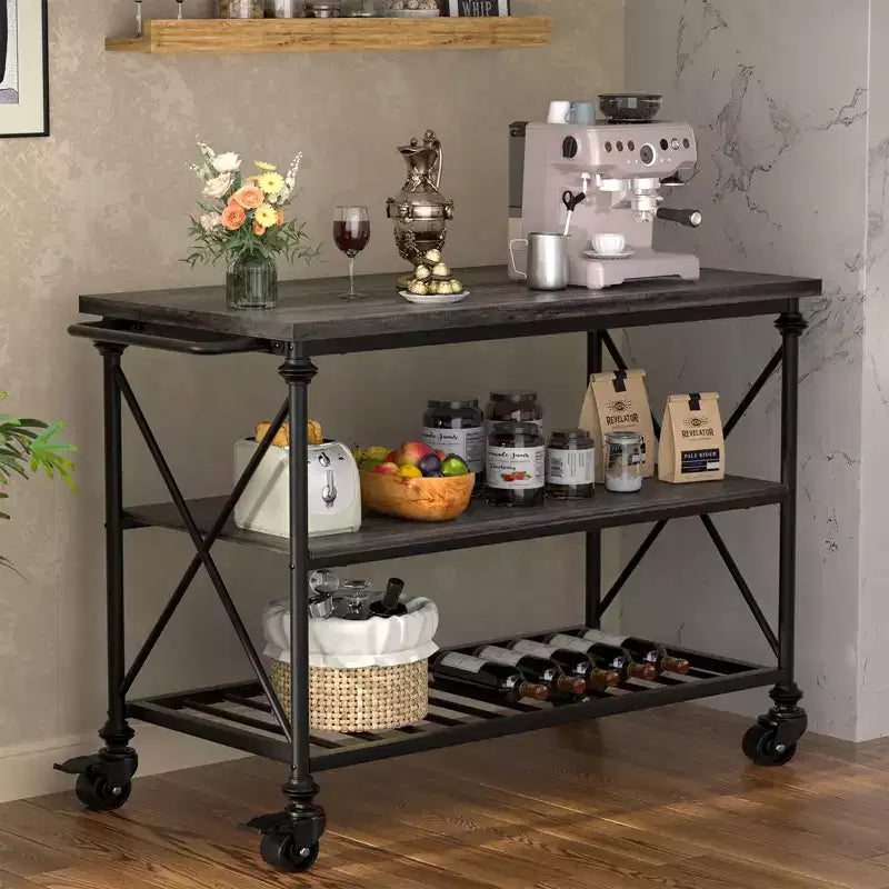 Carrello da cucina a 3 livelli con ruote – Nero / Marrone / Rovere Grigio | Ruote con blocco