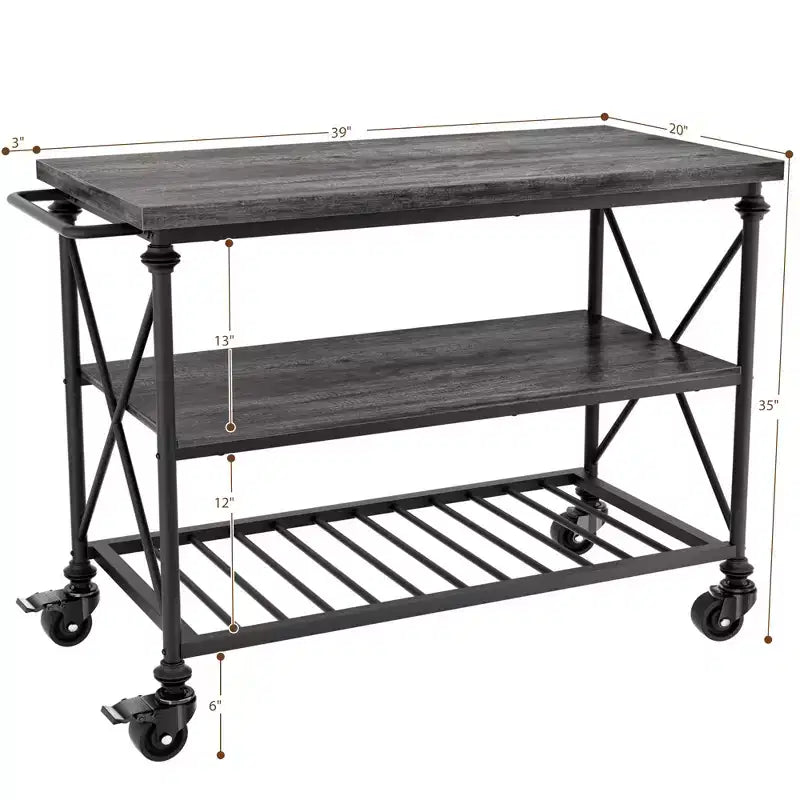 Carrello da cucina a 3 livelli con ruote – Nero / Marrone / Rovere Grigio | Ruote con blocco