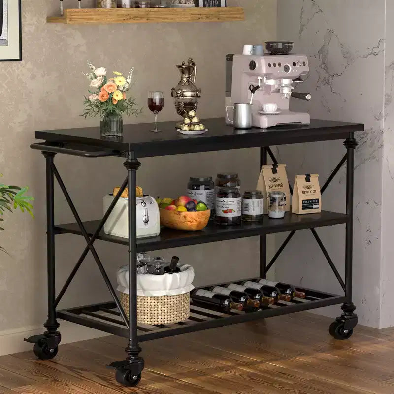 Carrello da cucina a 3 livelli con ruote – Nero / Marrone / Rovere Grigio | Ruote con blocco
