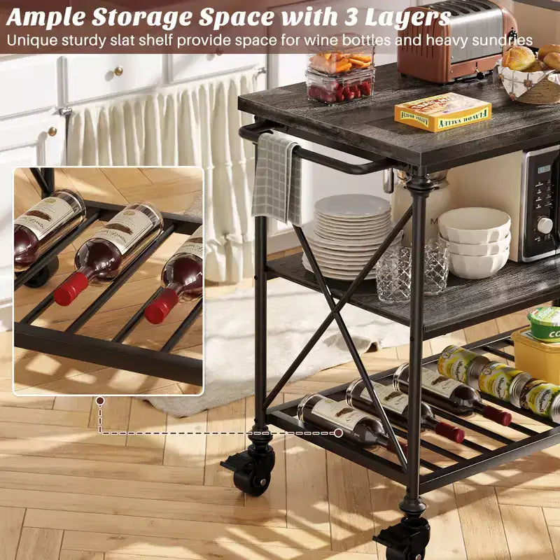 Carrello da cucina a 3 livelli con ruote – Nero / Marrone / Rovere Grigio | Ruote con blocco
