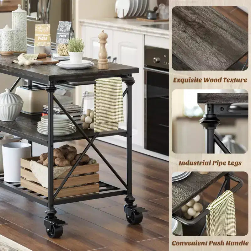 Carrello da cucina a 3 livelli con ruote – Nero / Marrone / Rovere Grigio | Ruote con blocco