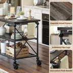 Carrello da cucina a 3 livelli con ruote – Nero / Marrone / Rovere Grigio | Ruote con blocco