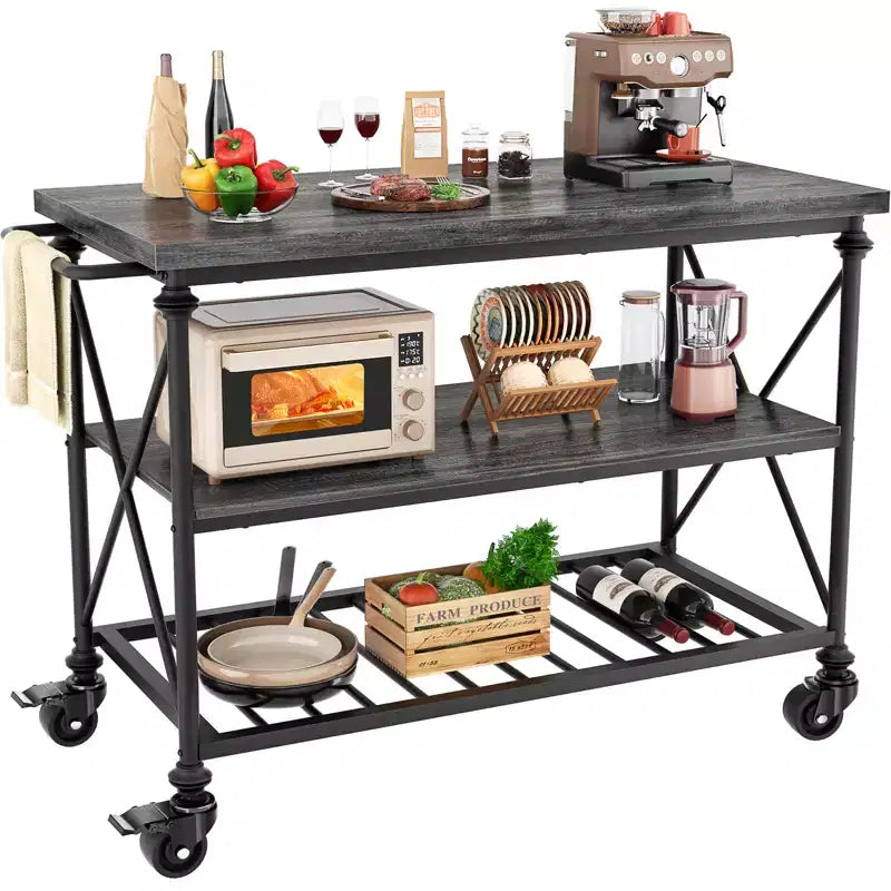 Carrello da cucina a 3 livelli con ruote – Nero / Marrone / Rovere Grigio | Ruote con blocco