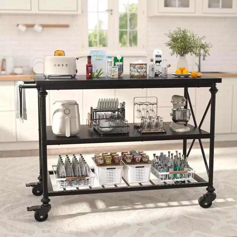 Carrello da cucina a 3 livelli con ruote – Nero / Marrone / Rovere Grigio | Ruote con blocco