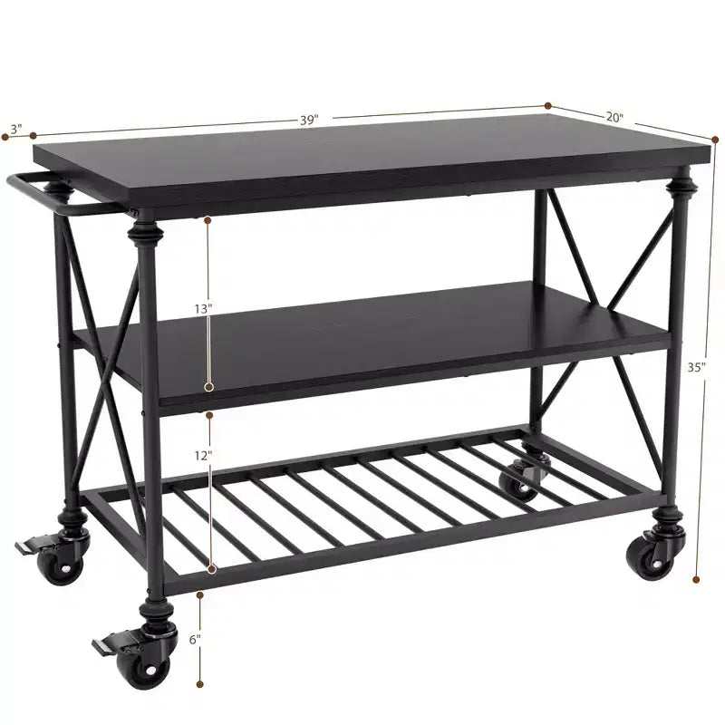 Carrello da cucina a 3 livelli con ruote – Nero / Marrone / Rovere Grigio | Ruote con blocco