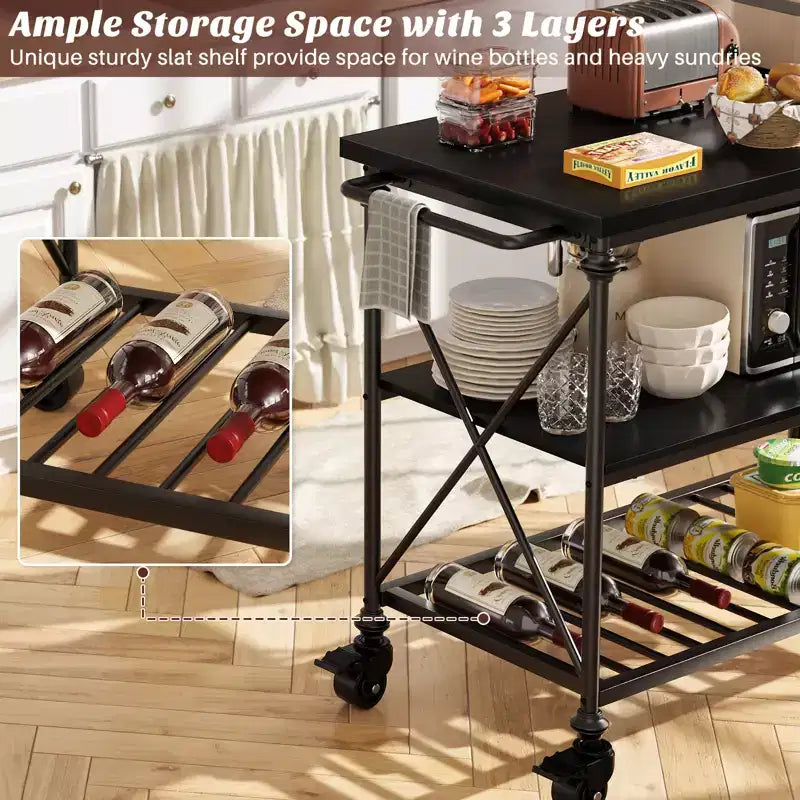 Carrello da cucina a 3 livelli con ruote – Nero / Marrone / Rovere Grigio | Ruote con blocco
