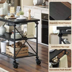Carrello da cucina a 3 livelli con ruote – Nero / Marrone / Rovere Grigio | Ruote con blocco