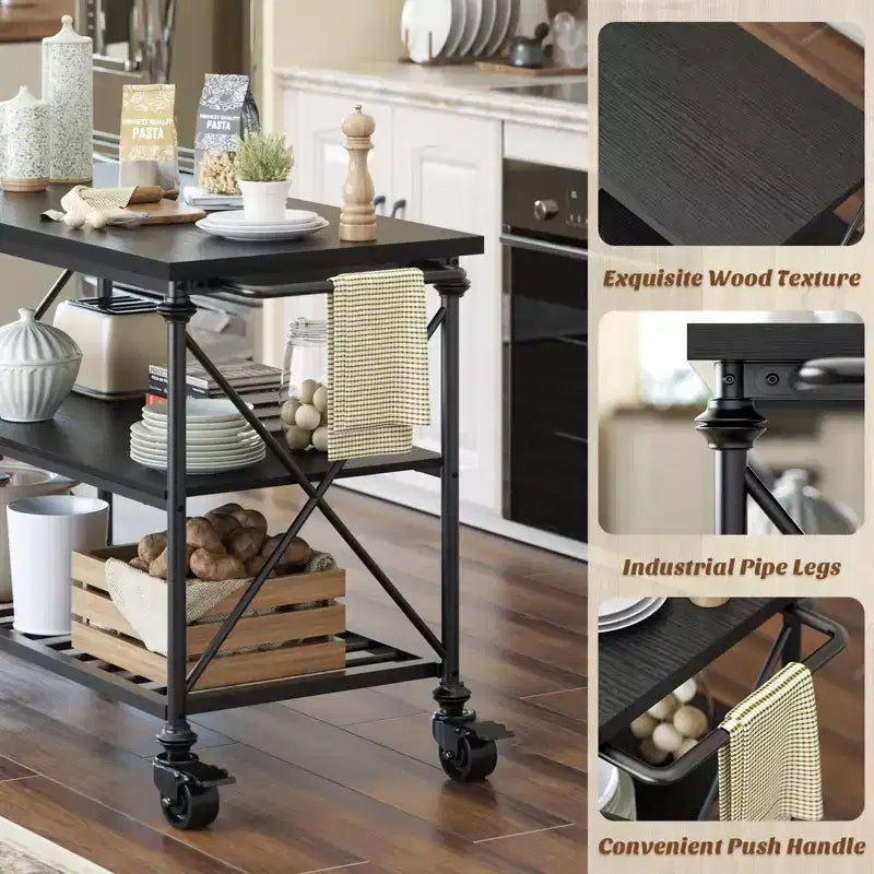 Carrello da cucina a 3 livelli con ruote – Nero / Marrone / Rovere Grigio | Ruote con blocco