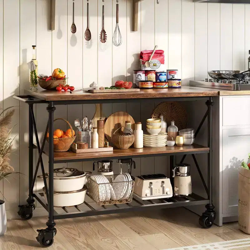Carrello da cucina a 3 livelli con ruote – Nero / Marrone / Rovere Grigio | Ruote con blocco