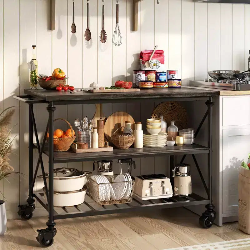 Carrello da cucina a 3 livelli con ruote – Nero / Marrone / Rovere Grigio | Ruote con blocco