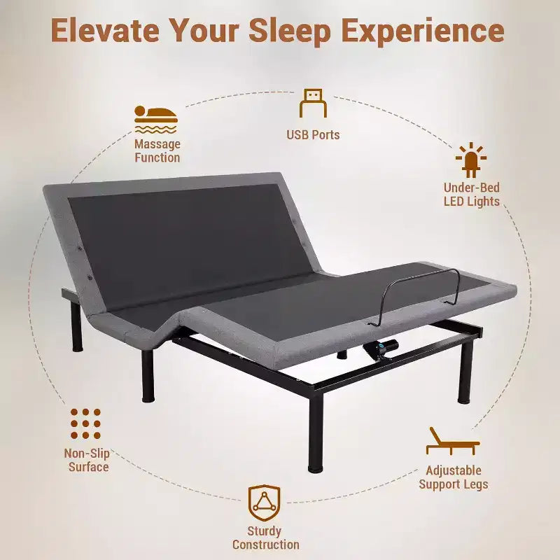 Telaio letto regolabile nero con massaggio e luce LED | Queen / Twin XL | 2 persone