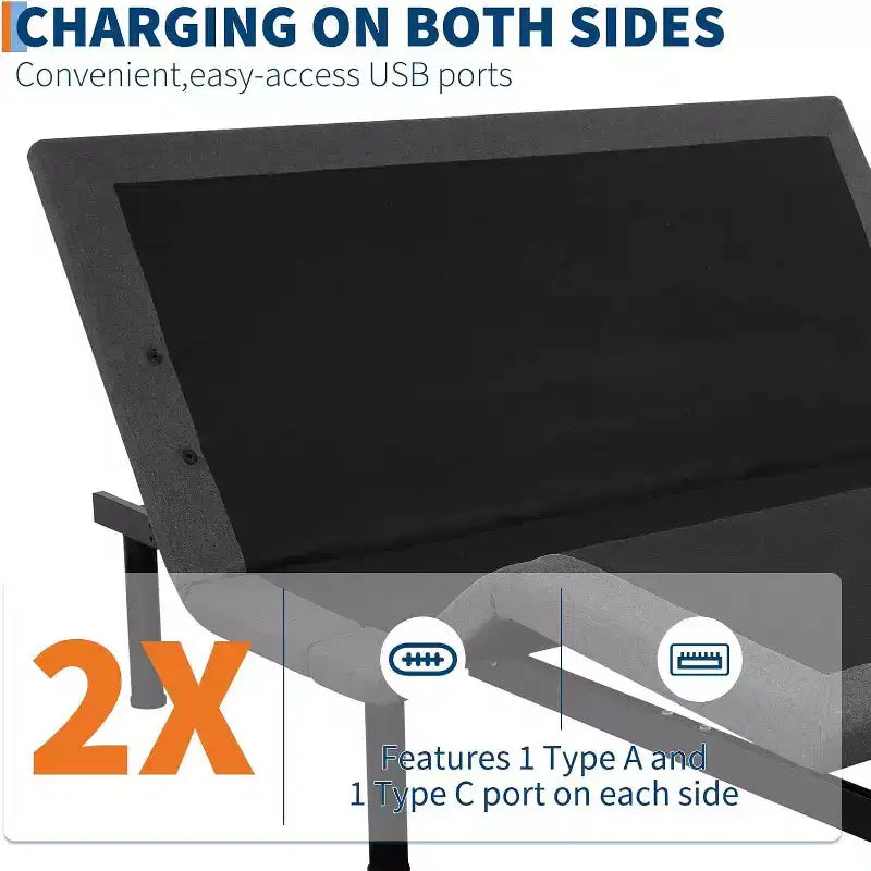 Telaio letto regolabile nero con massaggio e luce LED | Queen / Twin XL | 2 persone