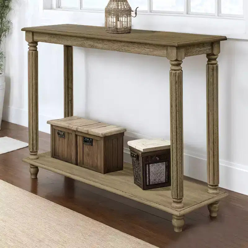 Tavolo console a 2 ripiani in quercia anticata/bianco anticato, da assemblare in 1 persona