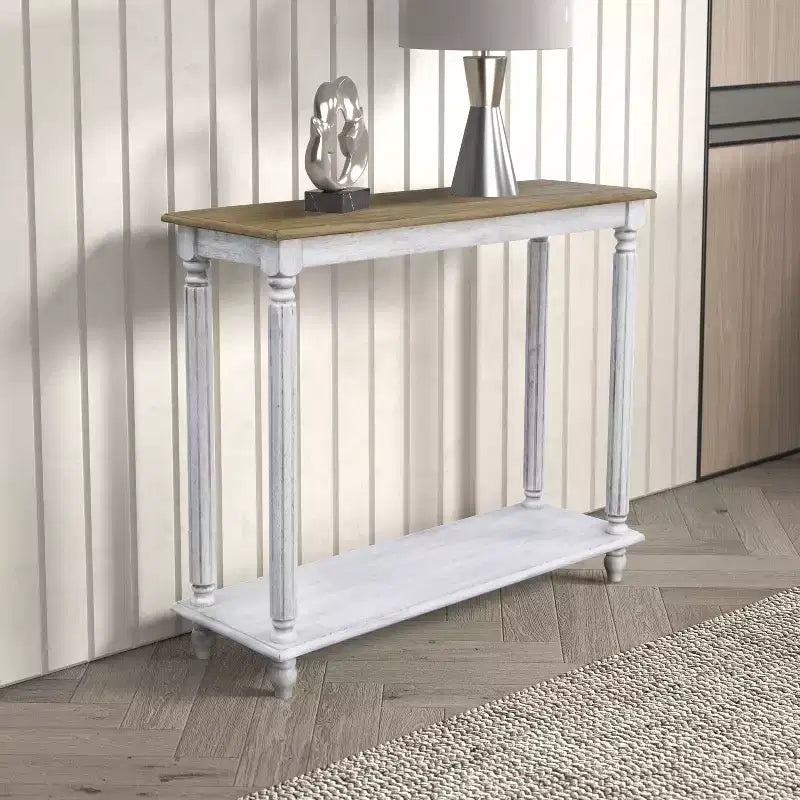 Tavolo console a 2 ripiani in quercia anticata/bianco anticato, da assemblare in 1 persona